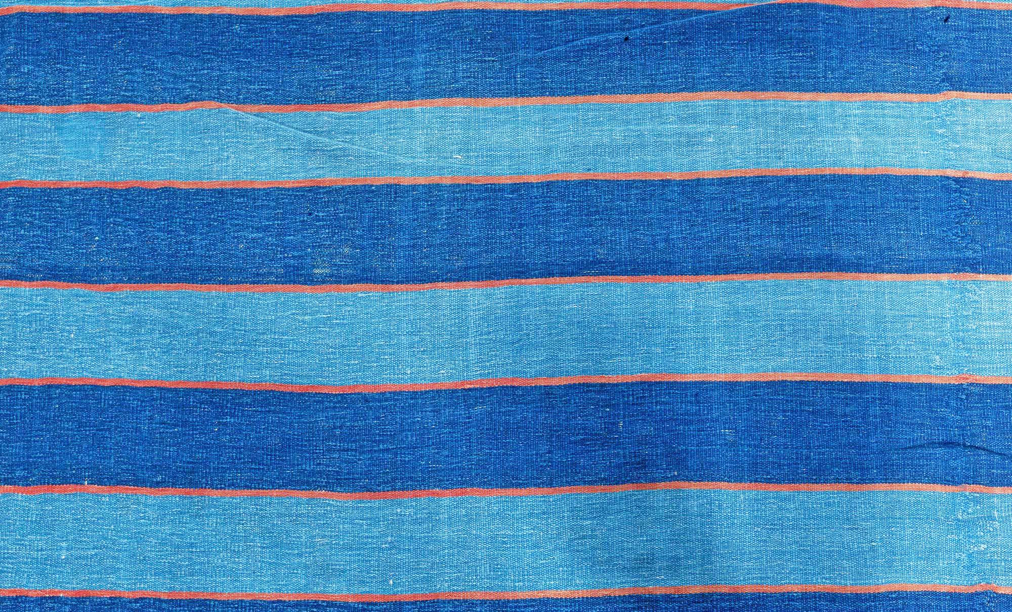 Mid-Century Modern Vintage Indian Dhurrie Striped Blue Beige Rug For Sale