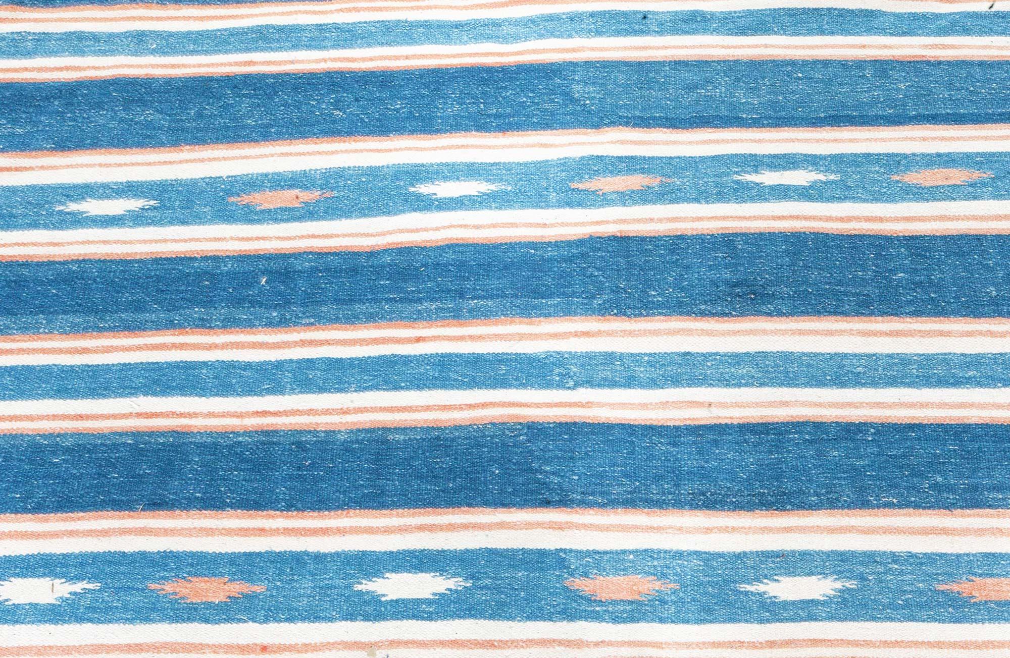 Hand-Woven Vintage Indian Dhurrie Striped Blue Beige Rug For Sale