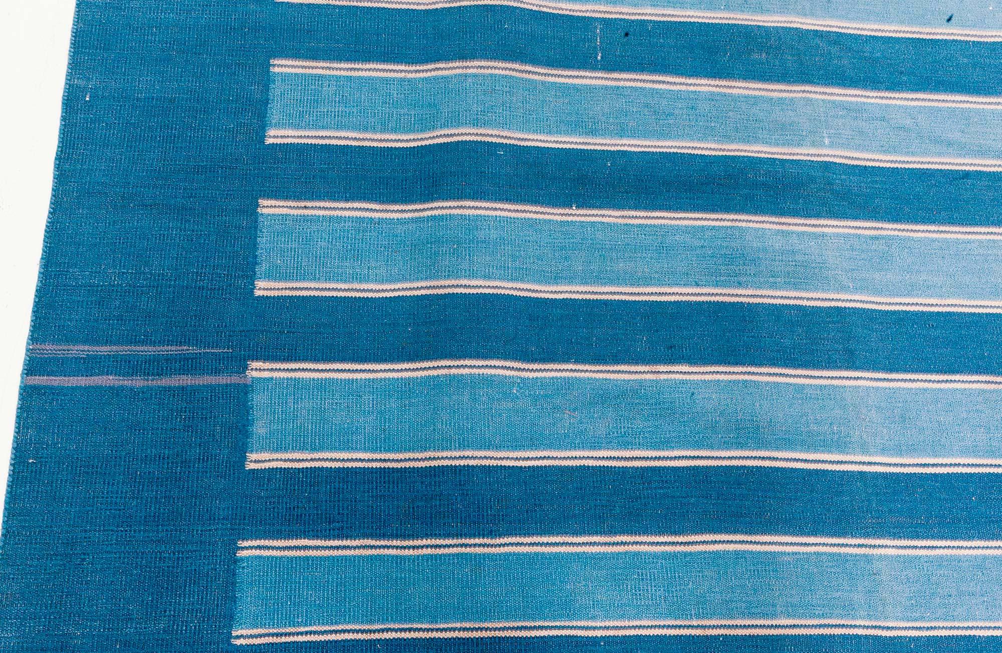 Hand-Woven Vintage Indian Dhurrie Striped Blue Beige Rug For Sale