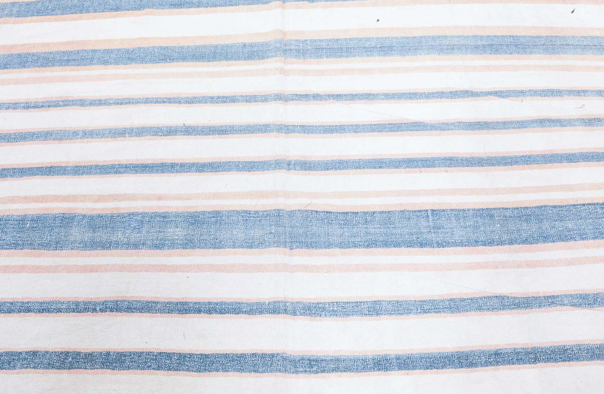 Vintage Indian Dhurrie Striped Blue Beige Rug In Good Condition For Sale In New York, NY