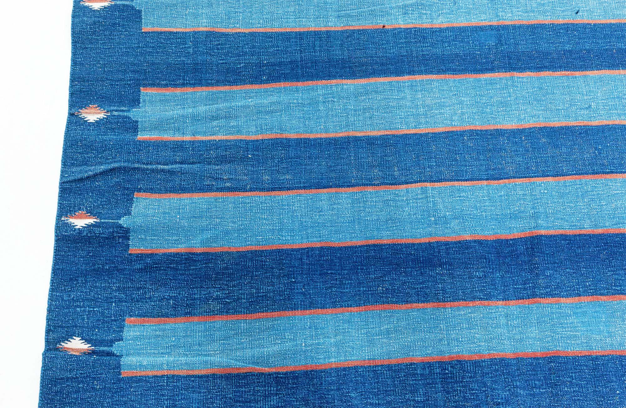 20th Century Vintage Indian Dhurrie Striped Blue Beige Rug For Sale