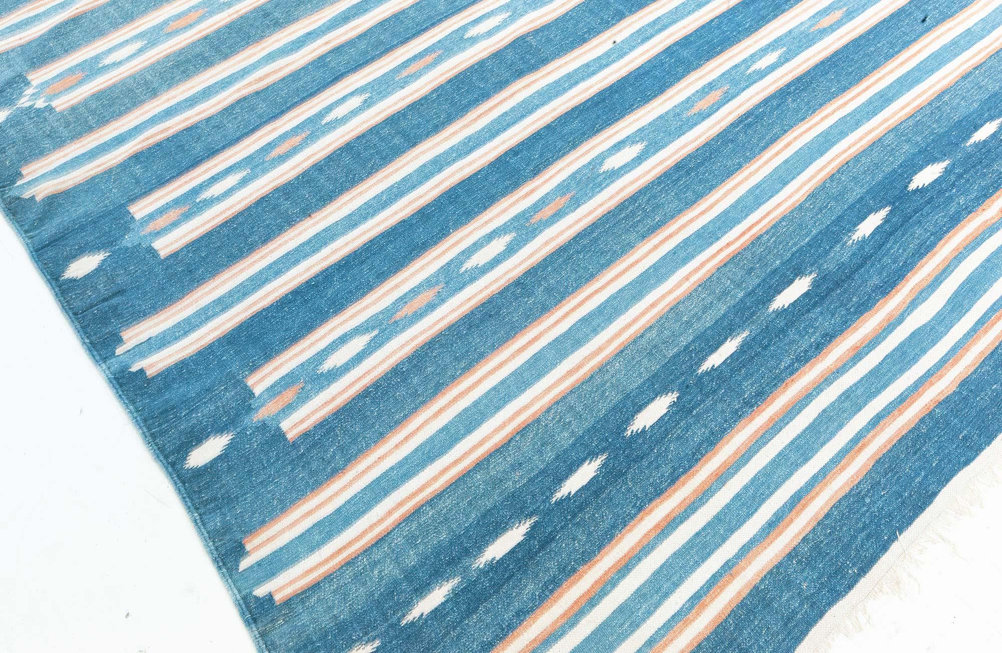 20th Century Vintage Indian Dhurrie Striped Blue Beige Rug For Sale