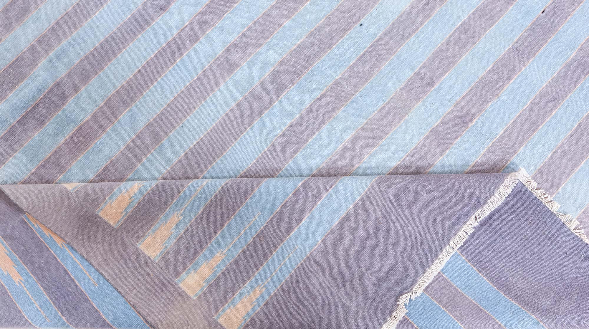 Cotton Vintage Indian Dhurrie Striped Blue Purple Rug For Sale