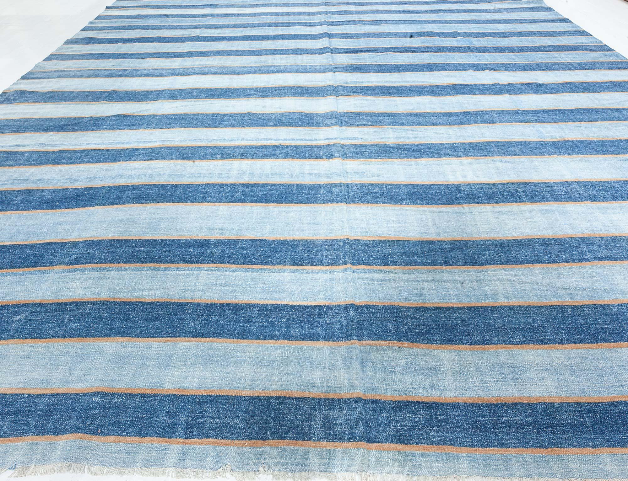 Vintage Indian Dhurrie striped blue rug
Size: 10'4