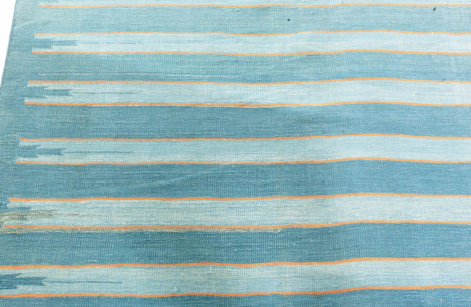 Vintage Indian Dhurrie Striped Blue Rug
Size: 14'1
