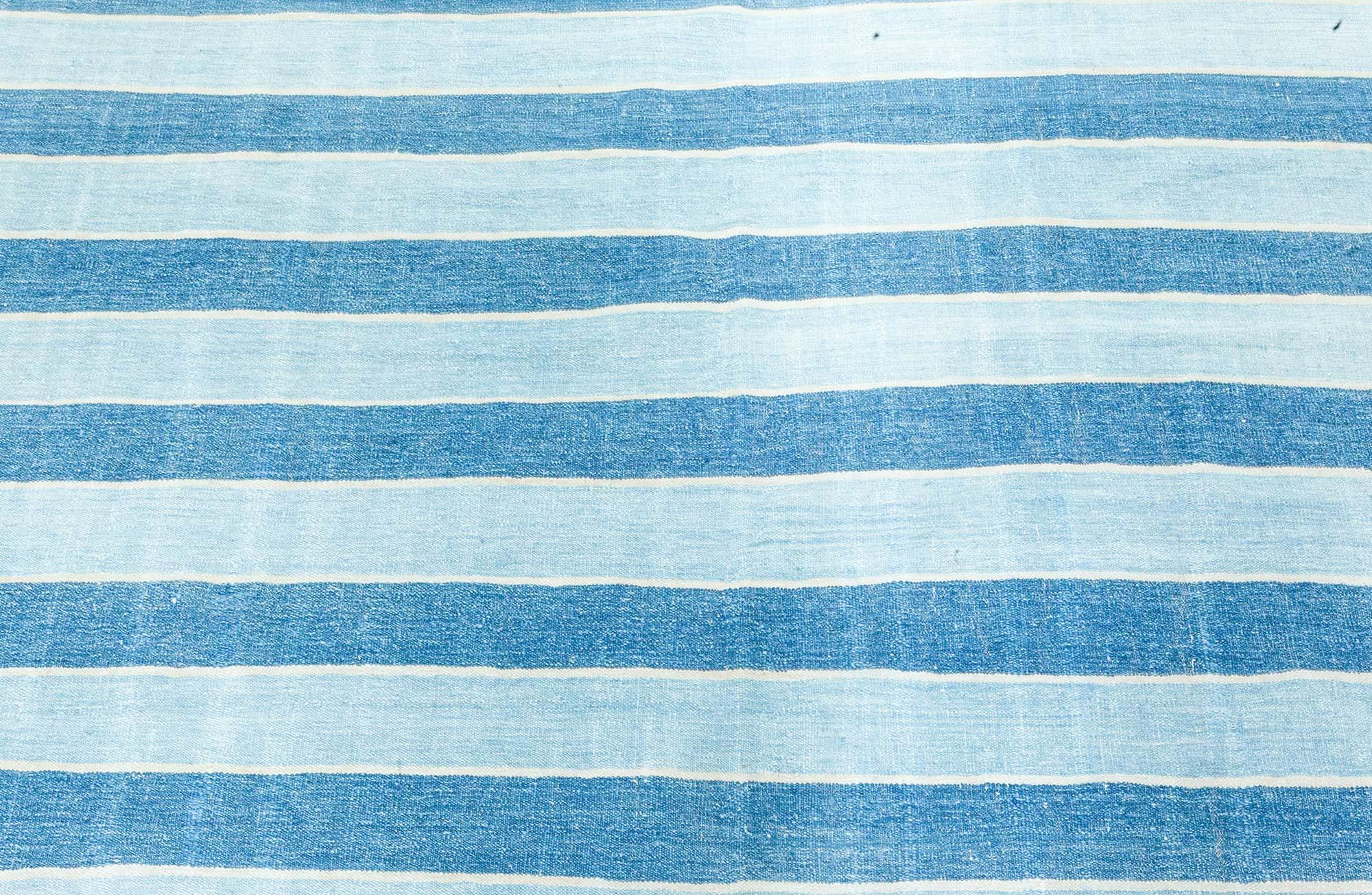 Hand-Woven Vintage Indian Dhurrie Striped Blue Rug For Sale