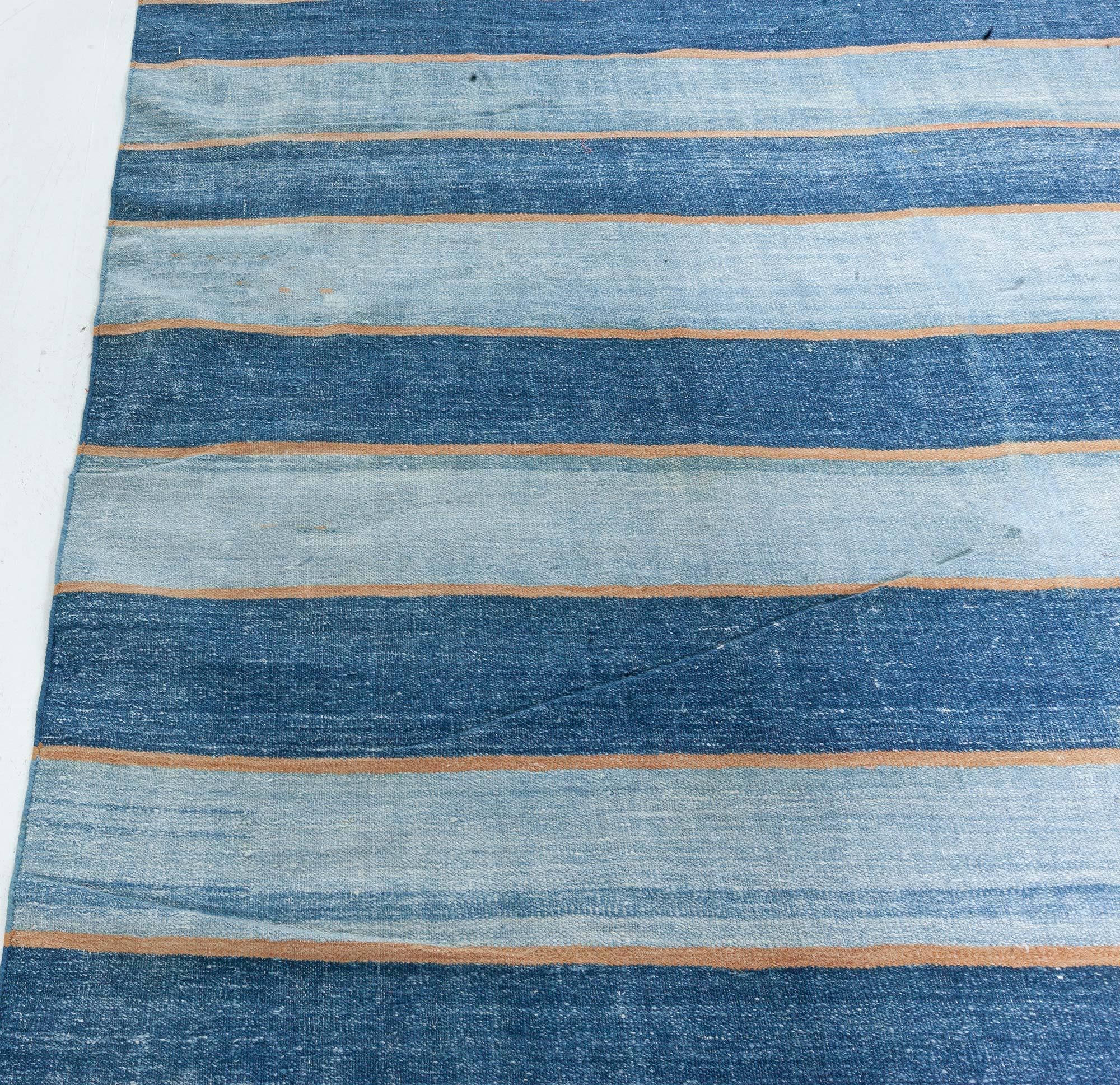 Hand-Woven Vintage Indian Dhurrie Striped Blue Rug For Sale