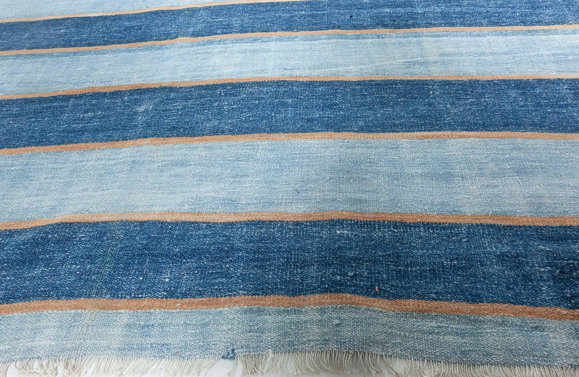Vintage Indian Dhurrie Striped Blue Rug In Good Condition For Sale In New York, NY