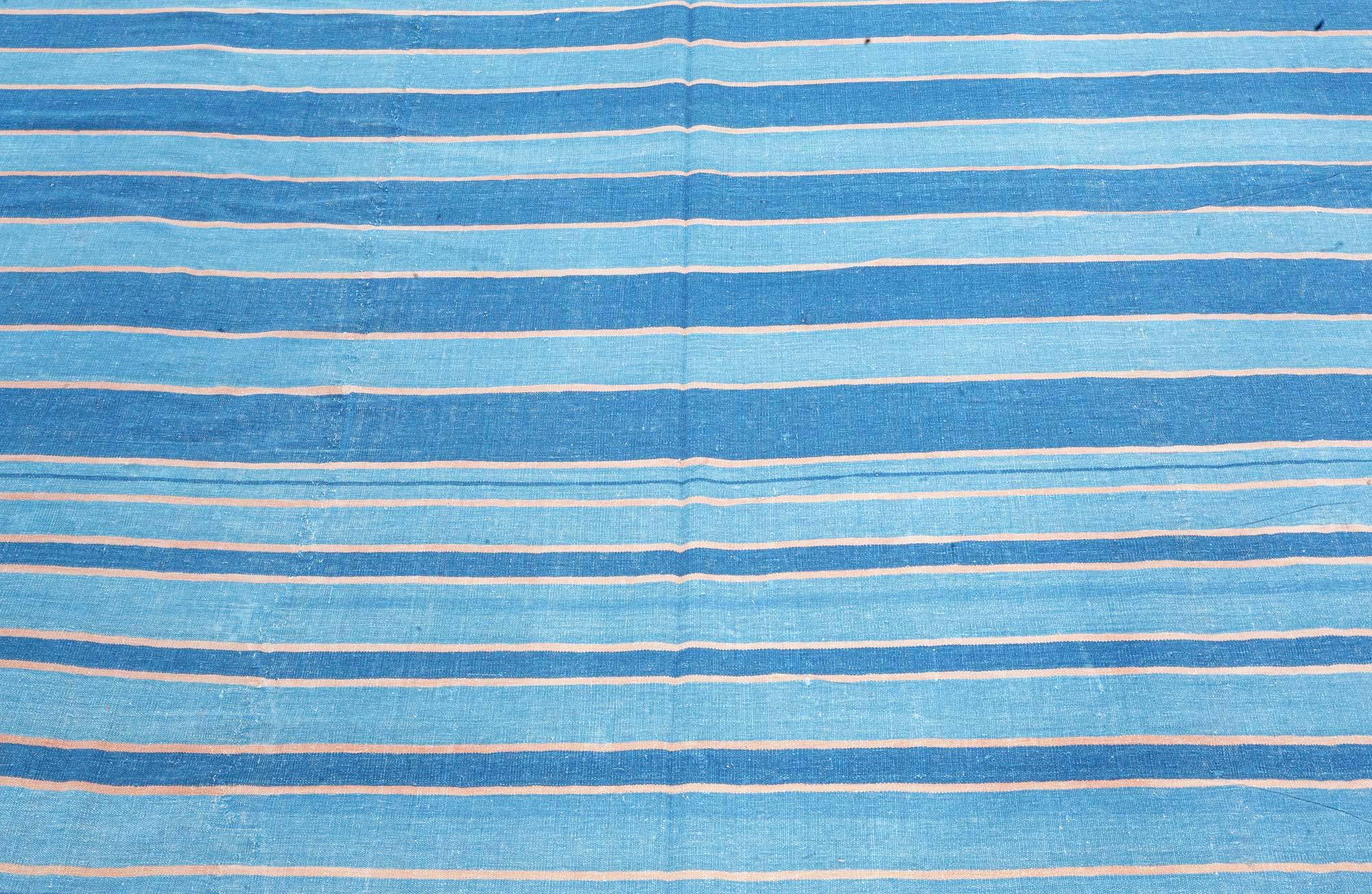 20th Century Vintage Indian Dhurrie Striped Blue Rug For Sale