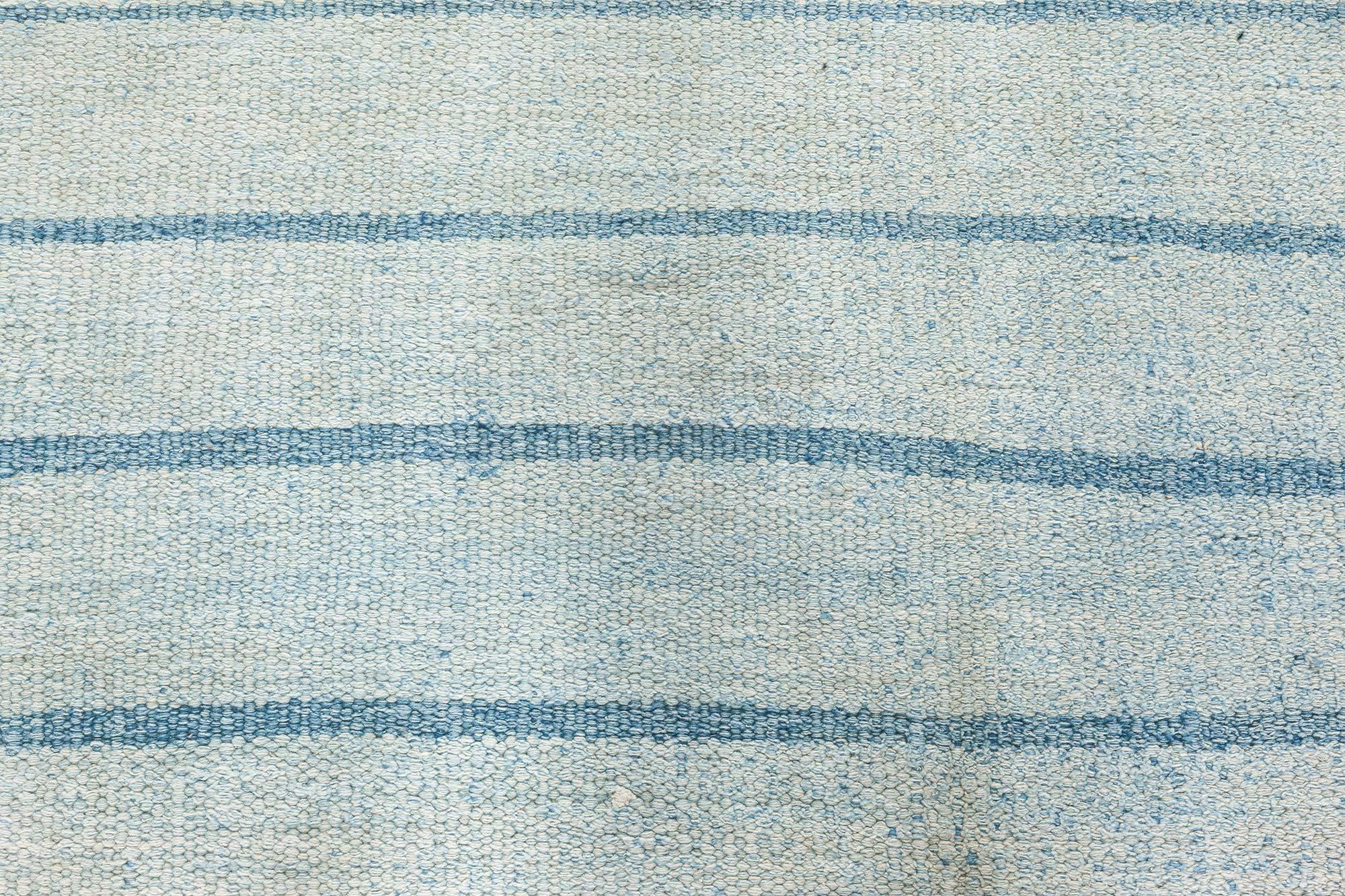 20th Century Vintage Indian Dhurrie Striped Blue Rug For Sale