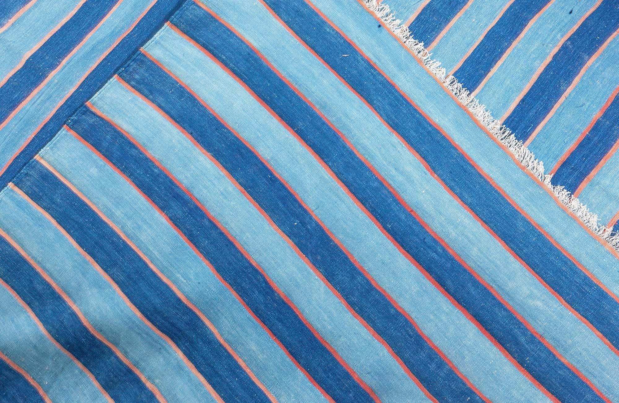 Cotton Vintage Indian Dhurrie Striped Blue Rug For Sale