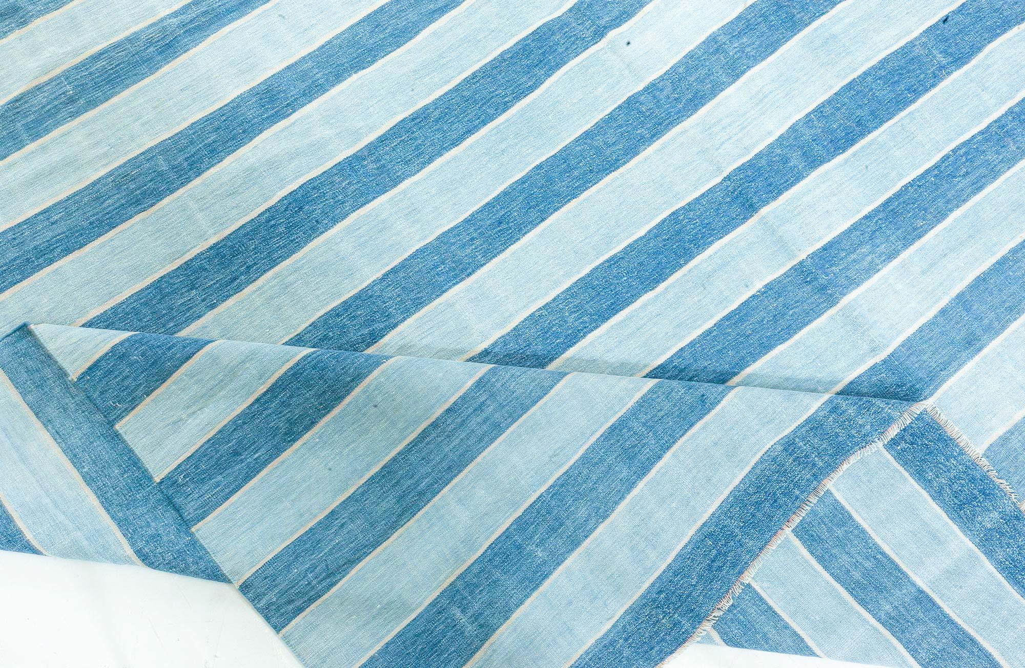Vintage Indian Dhurrie Striped Blue Rug For Sale 1