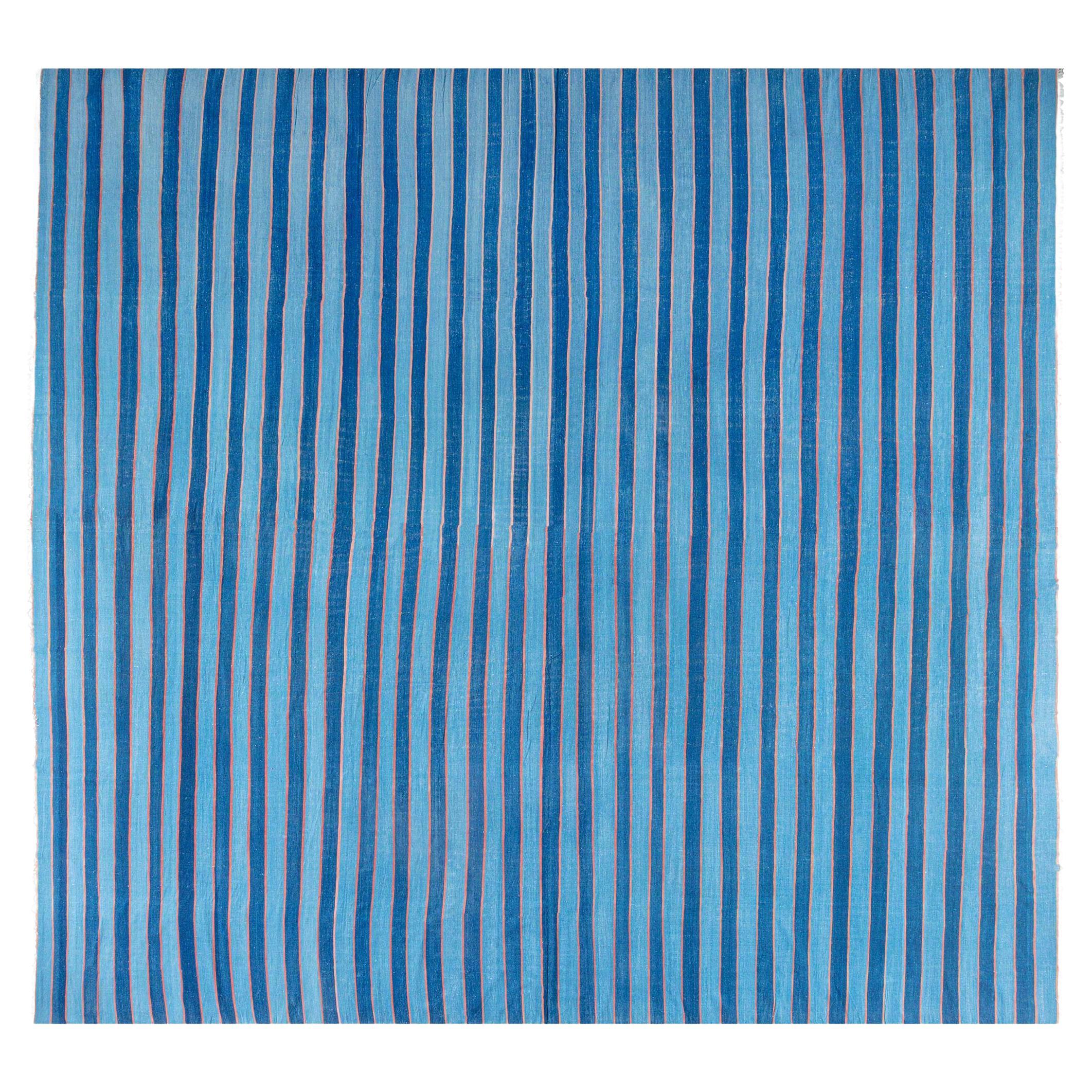 Vintage Indian Dhurrie Striped Blue Rug For Sale