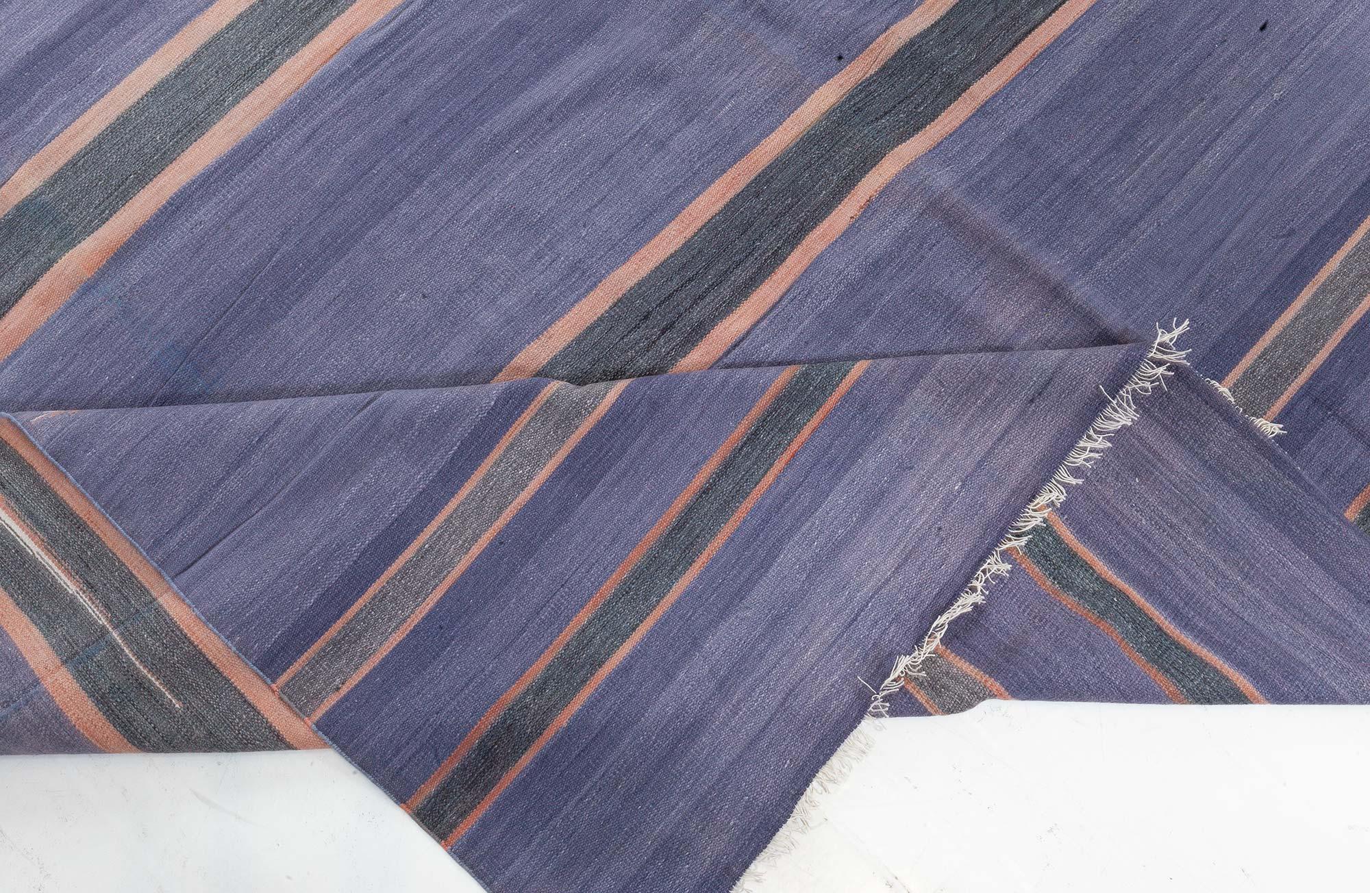 Cotton Vintage Indian Dhurrie Striped Purple Rug For Sale