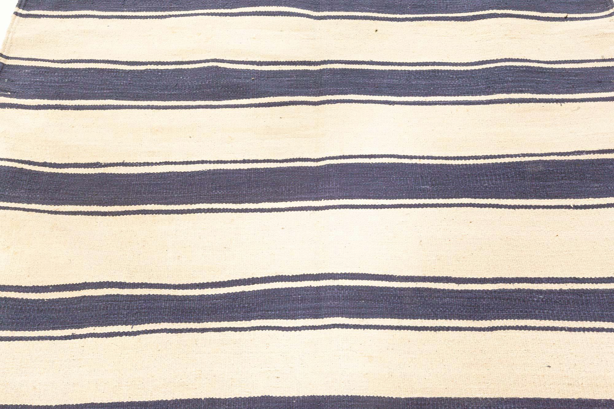 Mid-Century Modern Vintage Indian Dhurrie Striped Rug For Sale