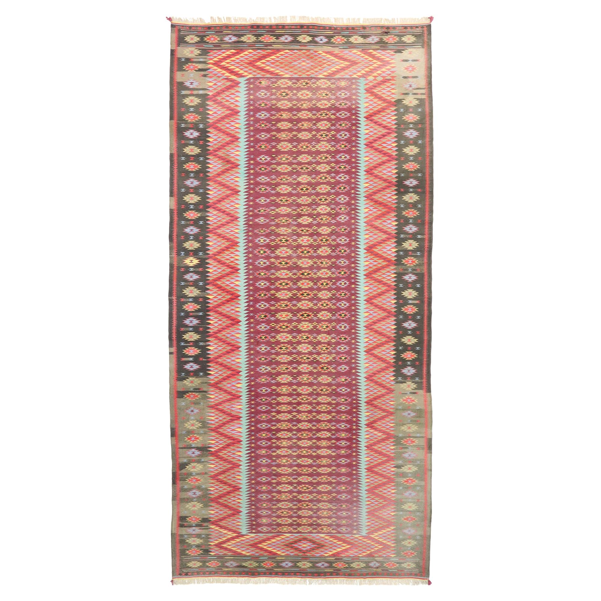 Vintage Indian Flat-Weave Dhurrie Room Size Kilim Rug with Southwestern Style