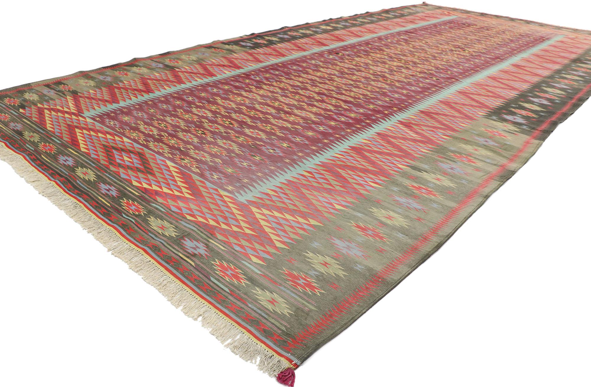 77540 vintage Indian flat-weave Dhurrie room size Kilim rug with Modern Southwestern style. Full of detail and a bold expressive design combined with exuberant colors reminiscent of New Mexico, this hand-woven wool vintage Indian Dhurrie room size