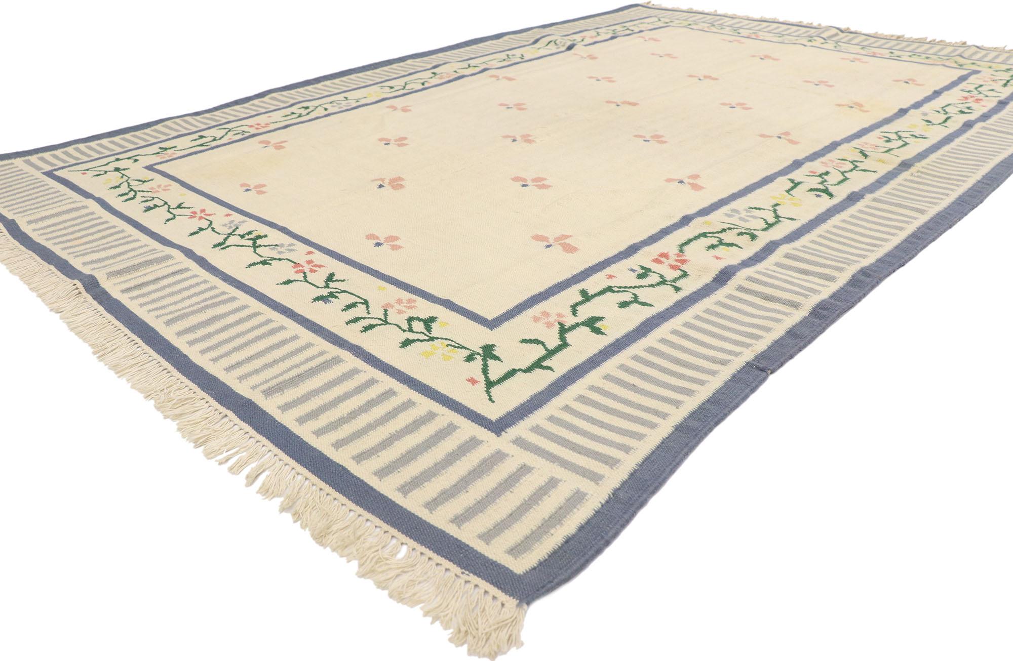 77934 Vintage Indian Dhurrie Rug, 06'00 x 08'11. Indian Dhurrie rugs, traditional flat-woven carpets made from natural fibers like cotton, wool, jute, or silk, are celebrated for their lightweight, reversible design. Handmade on looms, they feature