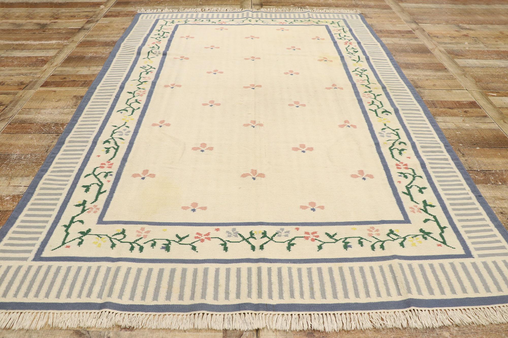 Wool Vintage Indian Floral Dhurrie Rug For Sale