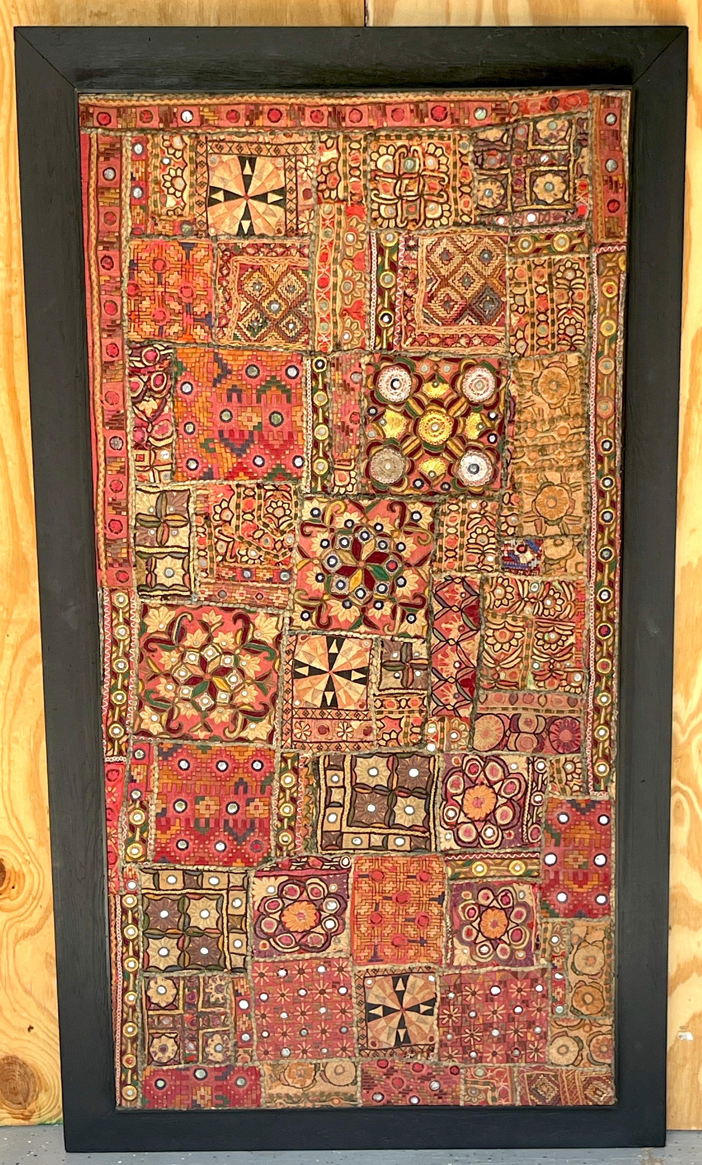 Vintage Indian Framed Embroidery/ Shisha Mosaic Tapestry by Shahzada
India, 20th Century 

A large framed example, of notable hand made Indian embroidery featuring Shisha (mirror) and other traditional techniques. A true masterwork, ready to hang
