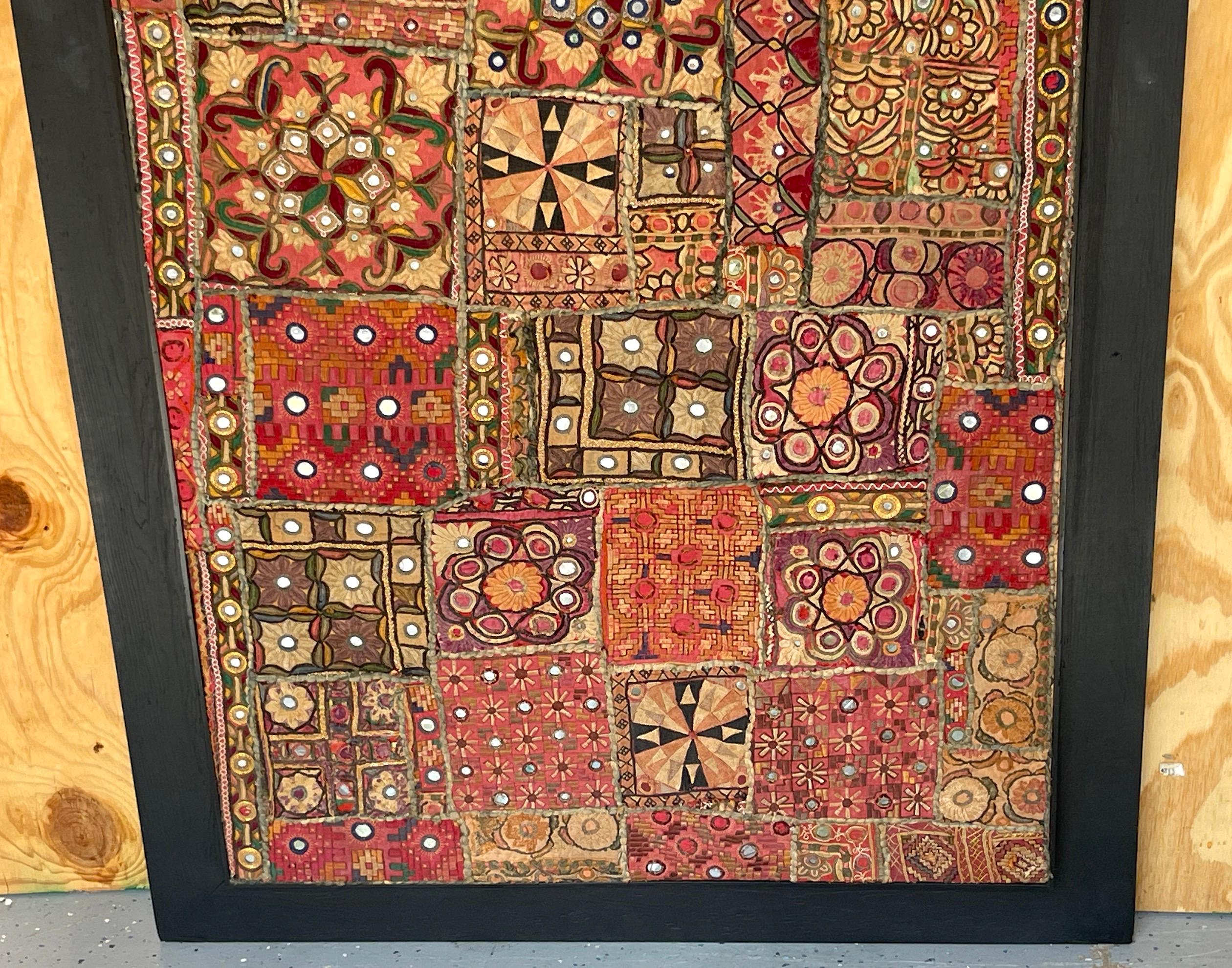 Fabric Vintage Indian Framed Embroidery/ Shisha Mosaic Tapestry by Shahzada For Sale