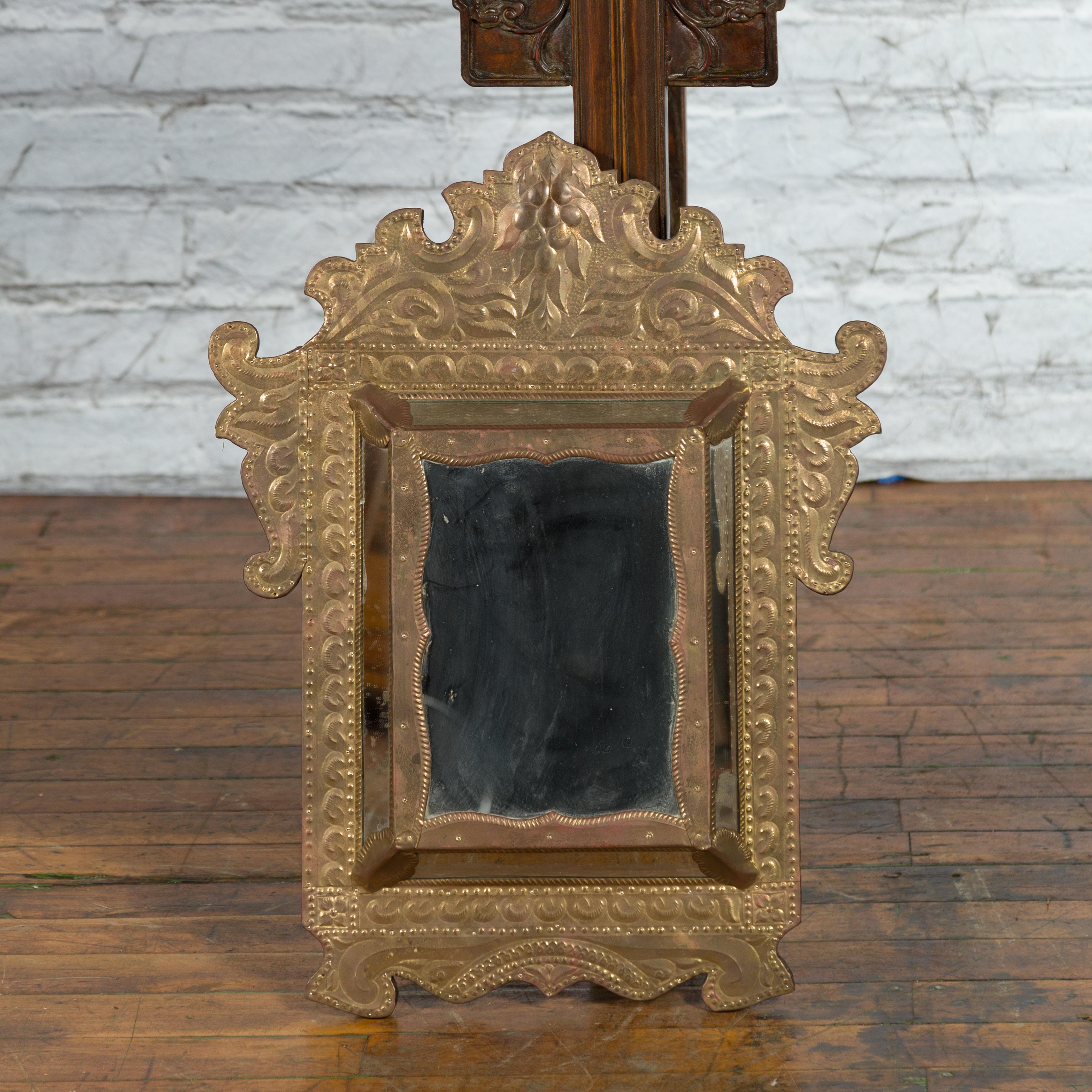 Vintage Indian Gilt Metal Sheathing over Wood Flaming Crest Pareclose Mirror In Good Condition In Yonkers, NY