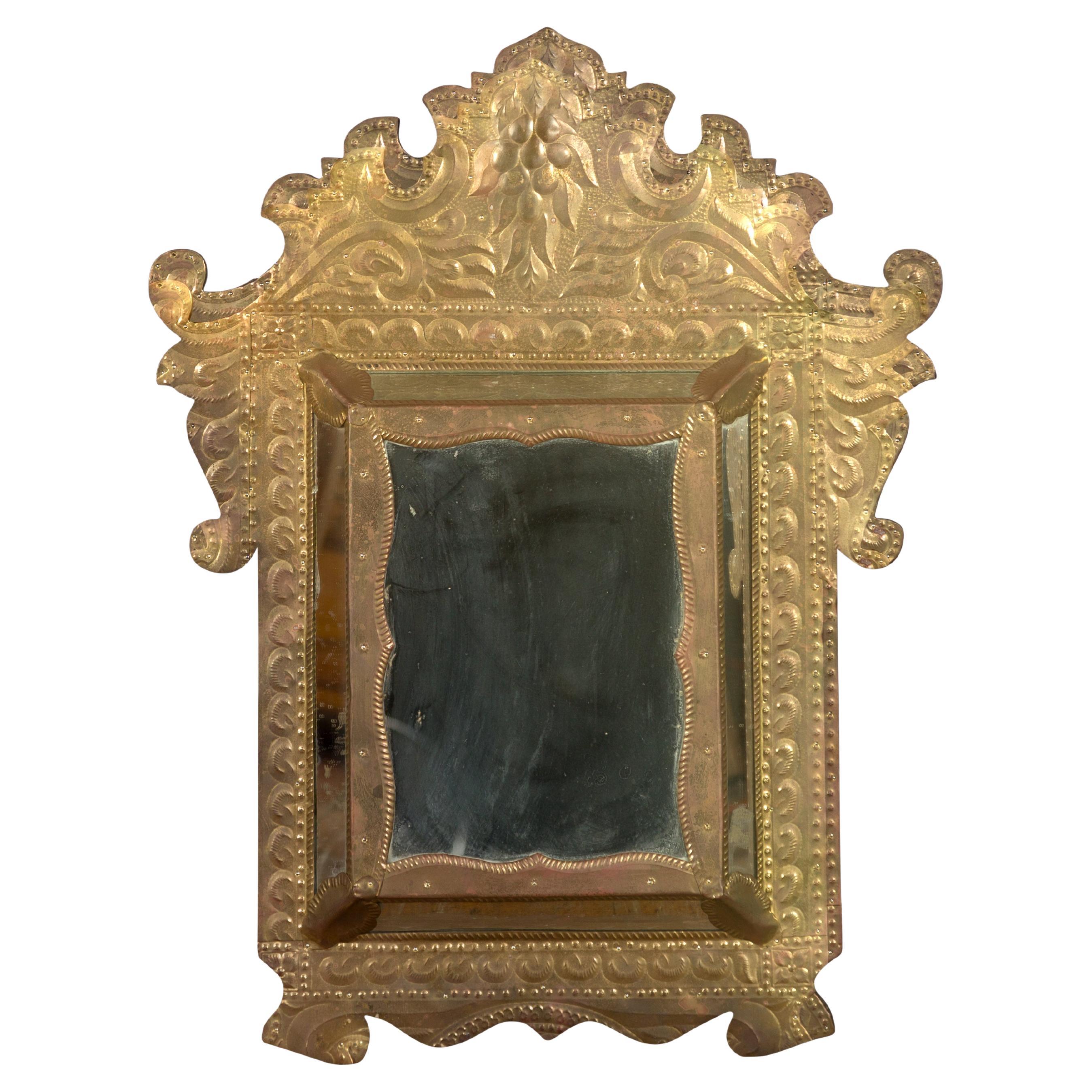 Vintage Indian Gilt Metal Sheathing over Wood Flaming Crest Pareclose Mirror