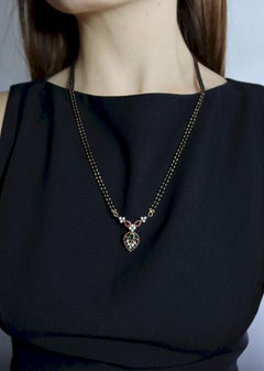 Vintage Indian Gold Diamond Ruby Emerald Onyx Beads Necklace