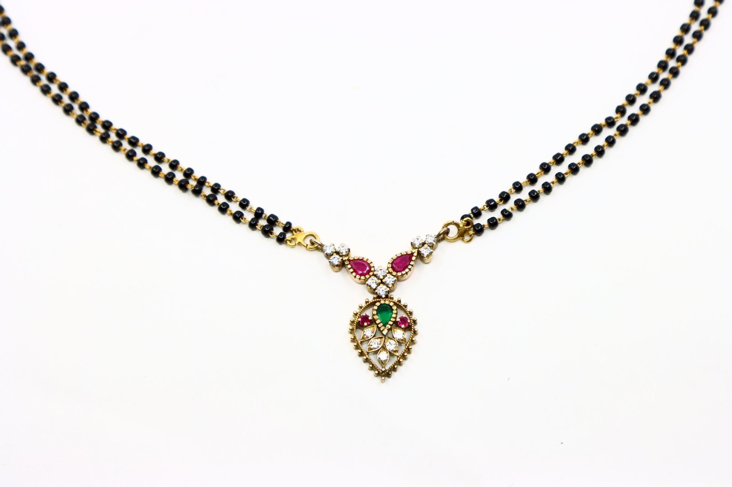 Vintage Indian Gold Diamant Rubin Smaragd Onyx Perlen Halskette (Brillantschliff) im Angebot