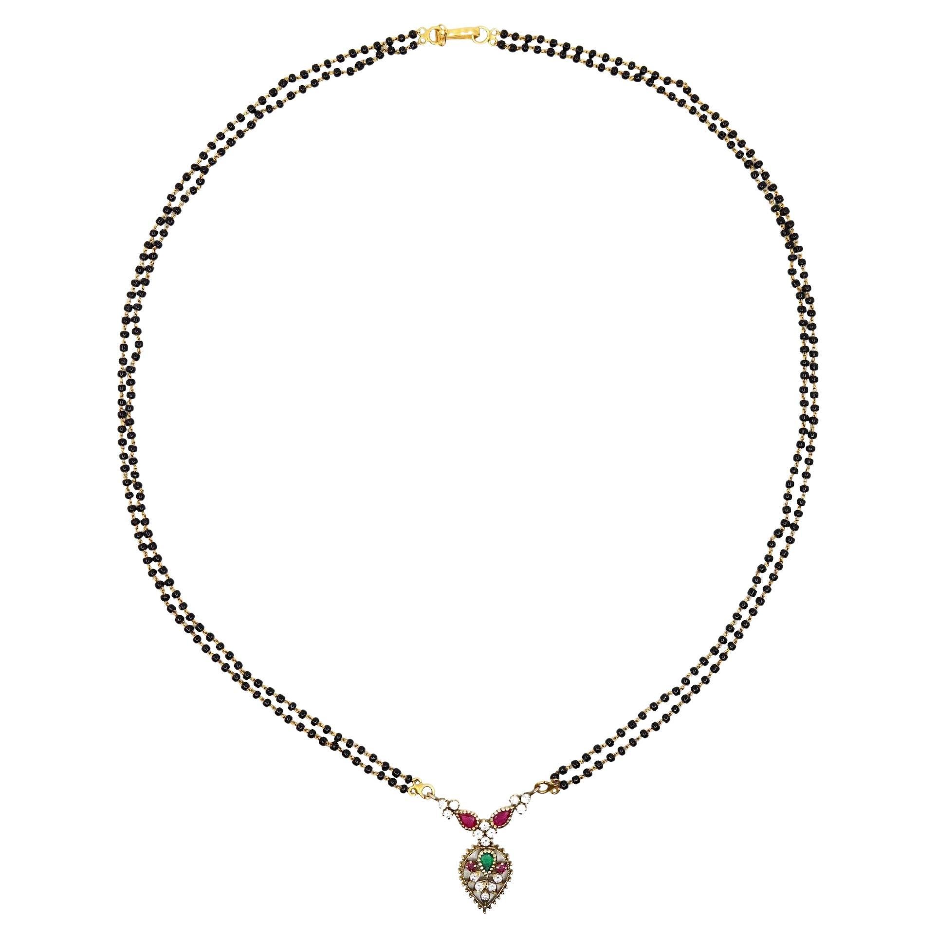 Collana indiana d'oro, diamante, rubino, smeraldo, onice, vintage
