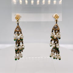 Vintage Indian Gold, Enamel, Emerald, Diamond, & Seed Pearl Drop Earrings