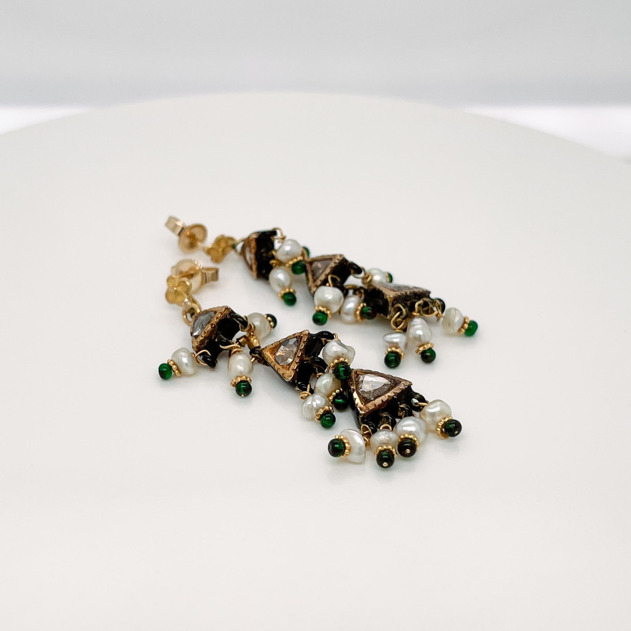 Rough Cut Vintage Indian Gold, Enamel, Emerald, Diamond, & Seed Pearl Drop Earrings For Sale