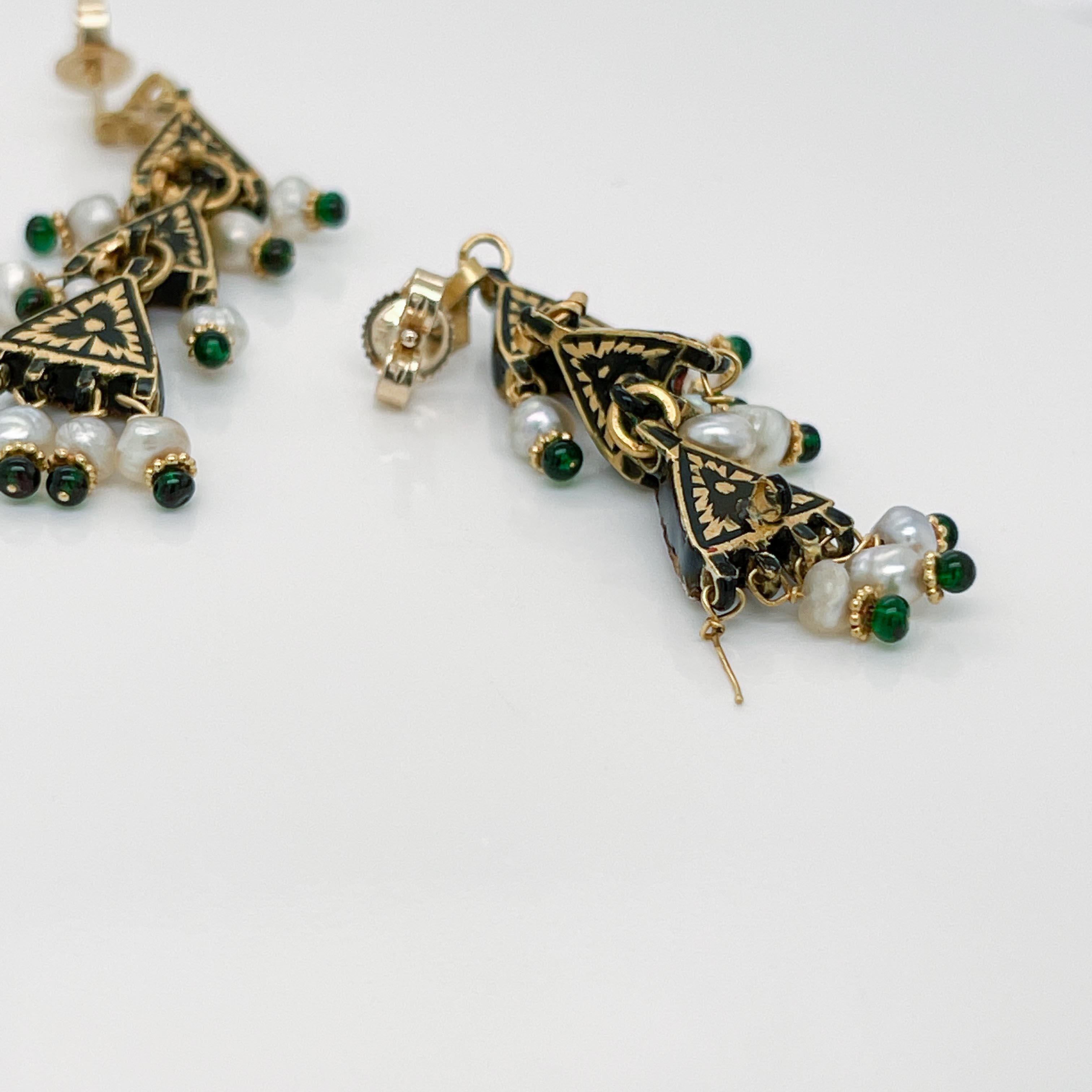 Rough Cut Vintage Indian Gold, Enamel, Emerald, Diamond, & Seed Pearl Drop Earrings For Sale
