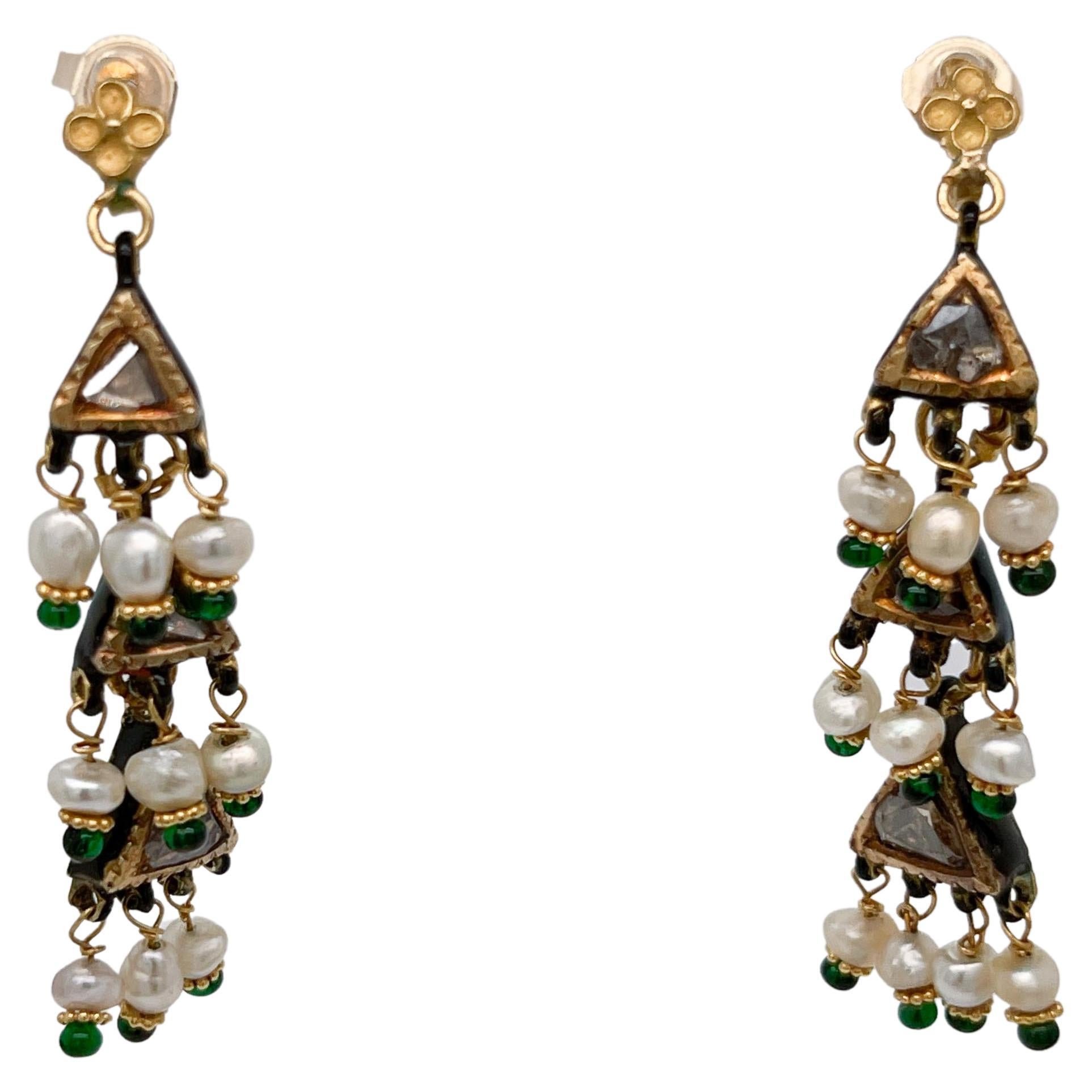 Vintage Indian Gold, Enamel, Emerald, Diamond, & Seed Pearl Drop Earrings For Sale