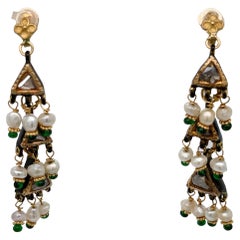 Vintage Indian Gold, Enamel, Emerald, Diamond, & Seed Pearl Drop Earrings