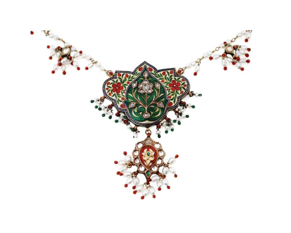 Collana indiana d'epoca con smalto d'oro e perle di Jaipur In condizioni buone in vendita a New York, NY