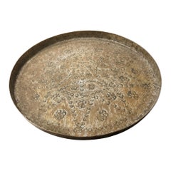 Vintage Indian Hammered Brass Tray Plate with Engraved Floral Pattern