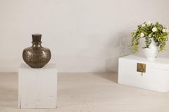 Vintage Indian Hammered Metal Water Vessel with Wooden Stopper