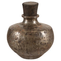 Vintage Indian Hammered Metal Water Vessel with Wooden Stopper