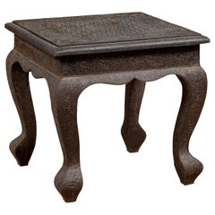 Vintage Indian Hammered Silver Side Table with Floral Motifs and Cabriole Legs