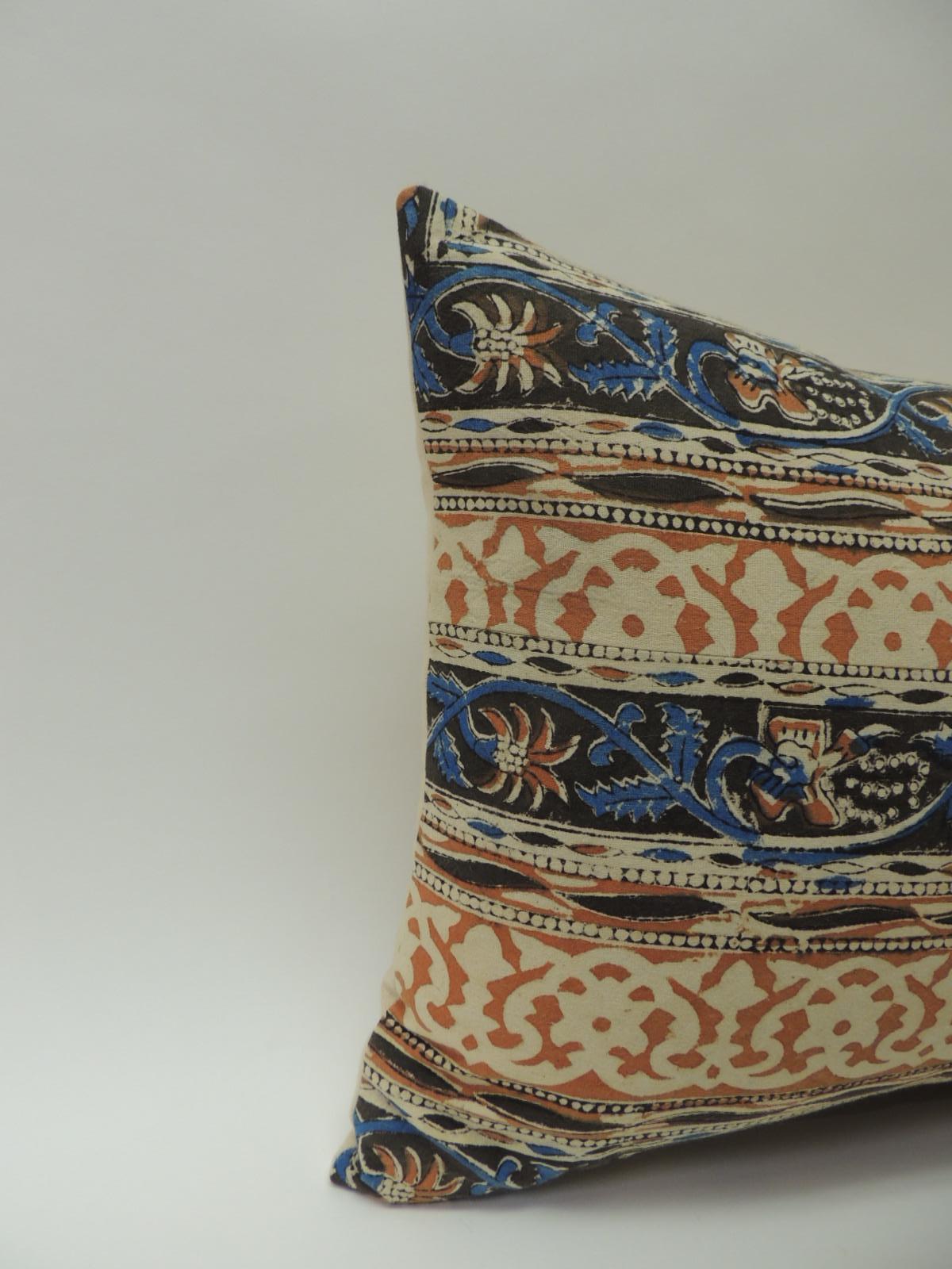 Vintage Indian hand-blocked artisanal textile decorative Bolster pillow.
Decorative throw bolster pillow handcrafted with a hand-blocked floral vintage cotton artisanal Indian hand-blocked textile panel depicting horizontal stripes and finished