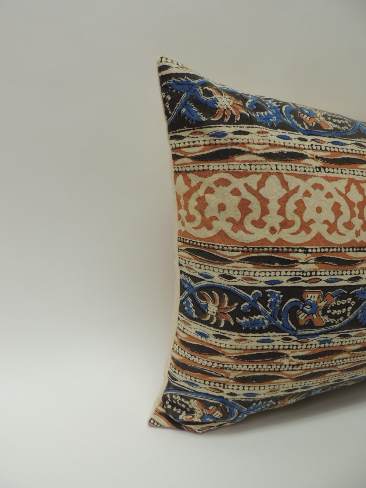 Vintage Indian hand-blocked artisanal textile decorative bolster pillow.
Decorative throw bolster pillow handcrafted with a hand-blocked floral vintage cotton artisanal Indian hand-blocked textile panel depicting horizontal stripes and finished