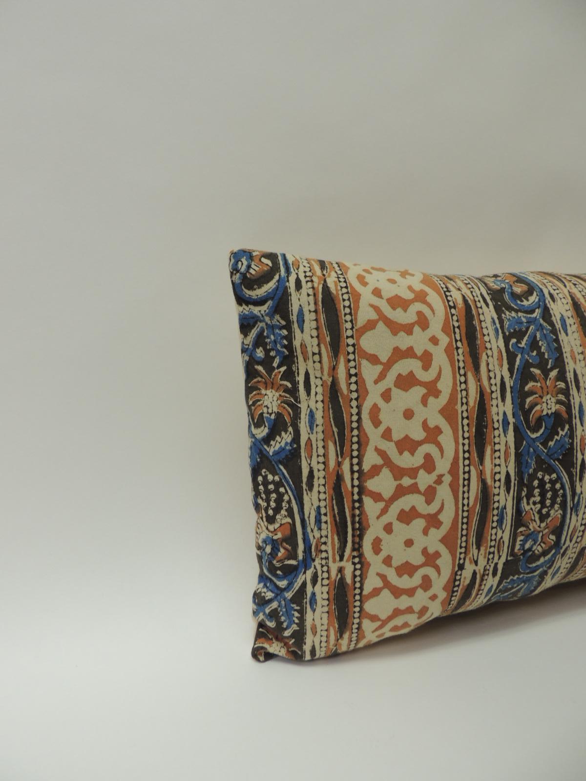 Vintage Indian hand-blocked artisanal textile decorative lumbar pillow
Decorative throw pillow handcrafted with a hand-blocked floral vintage cotton artisanal Indian hand-blocked textile panel depicting vertical stripes and finished with a soft