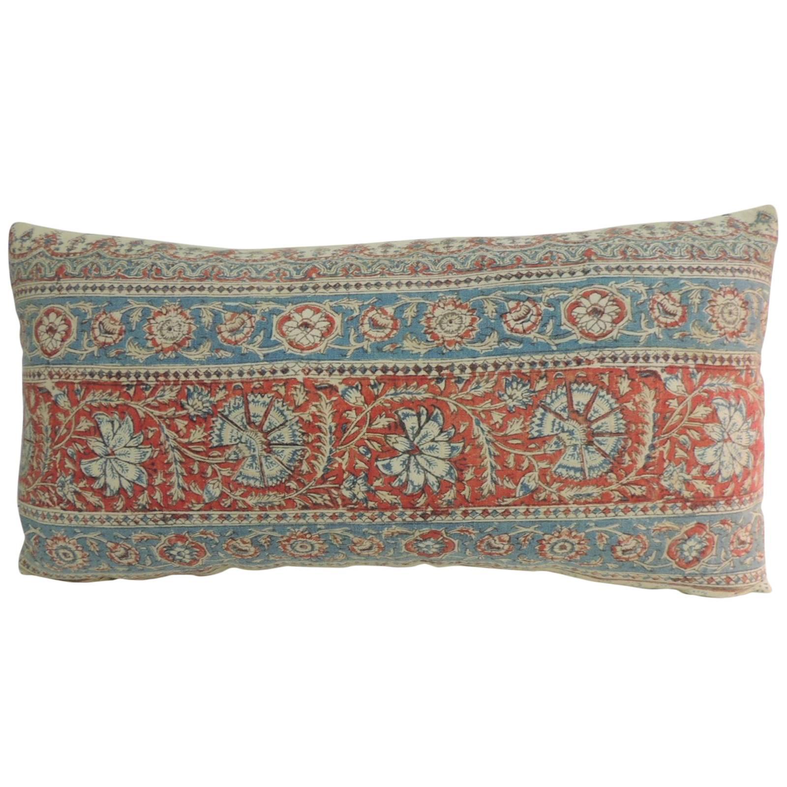 Vintage Indian Hand-Blocked Floral Textile Decorative Bolster Pillow