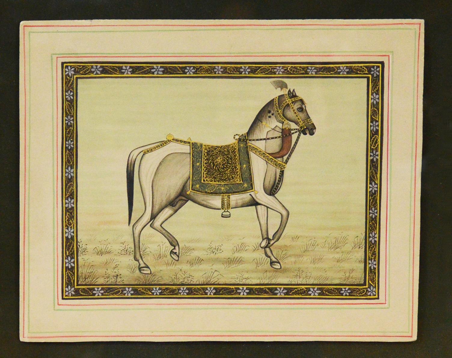 Vintage Indian Hand-Painted Mogul Style Horse Painting on Silk Paper with Frame In Good Condition In Yonkers, NY