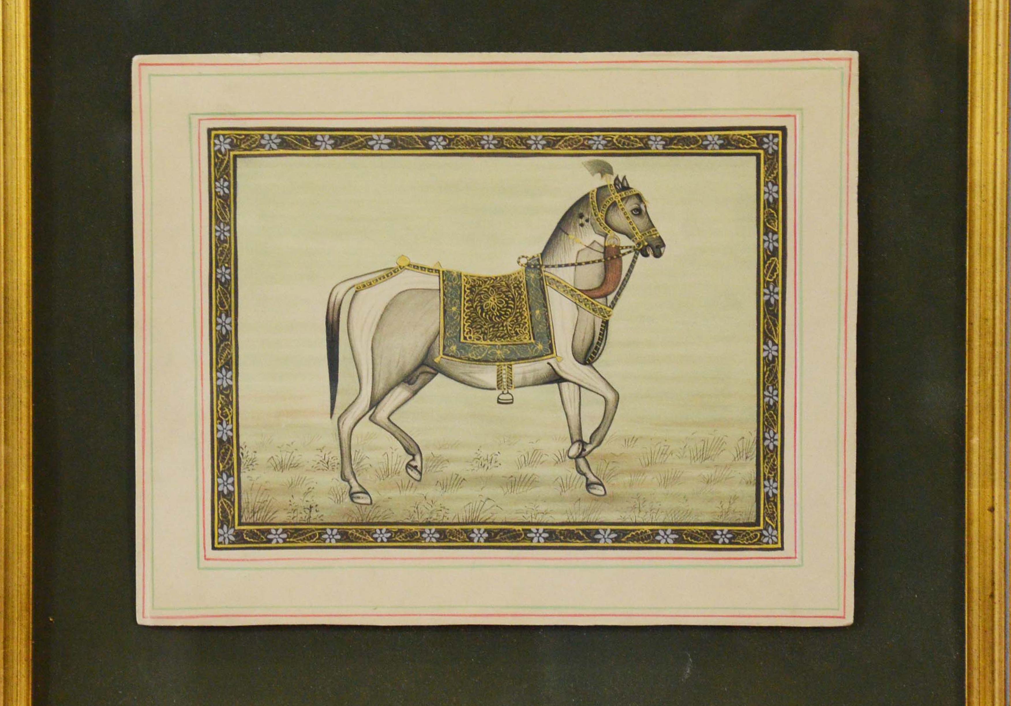 Vintage Indian Hand-Painted Mogul Style Horse Painting on Silk Paper with Frame 1