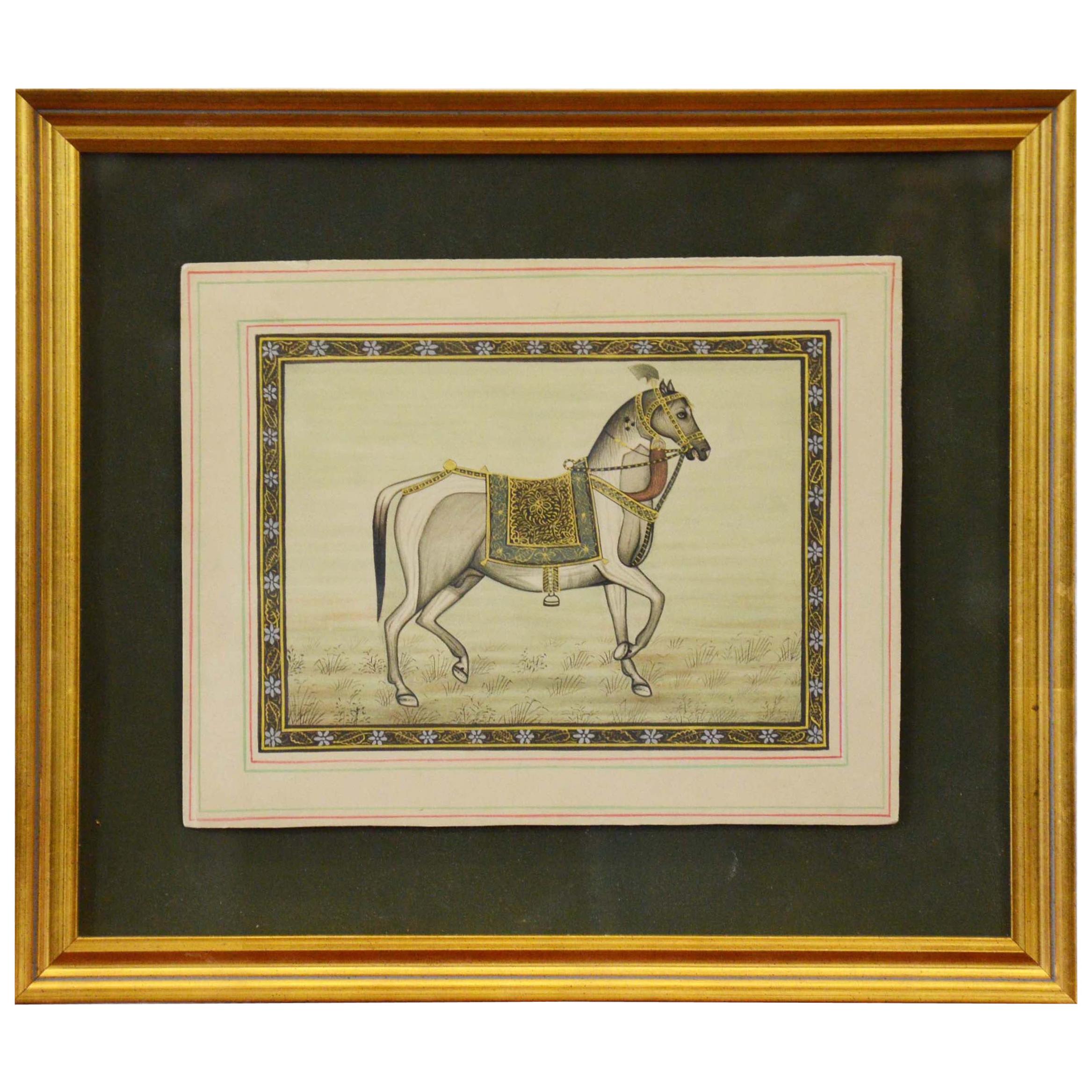 Vintage Indian Hand-Painted Mogul Style Horse Painting on Silk Paper with Frame