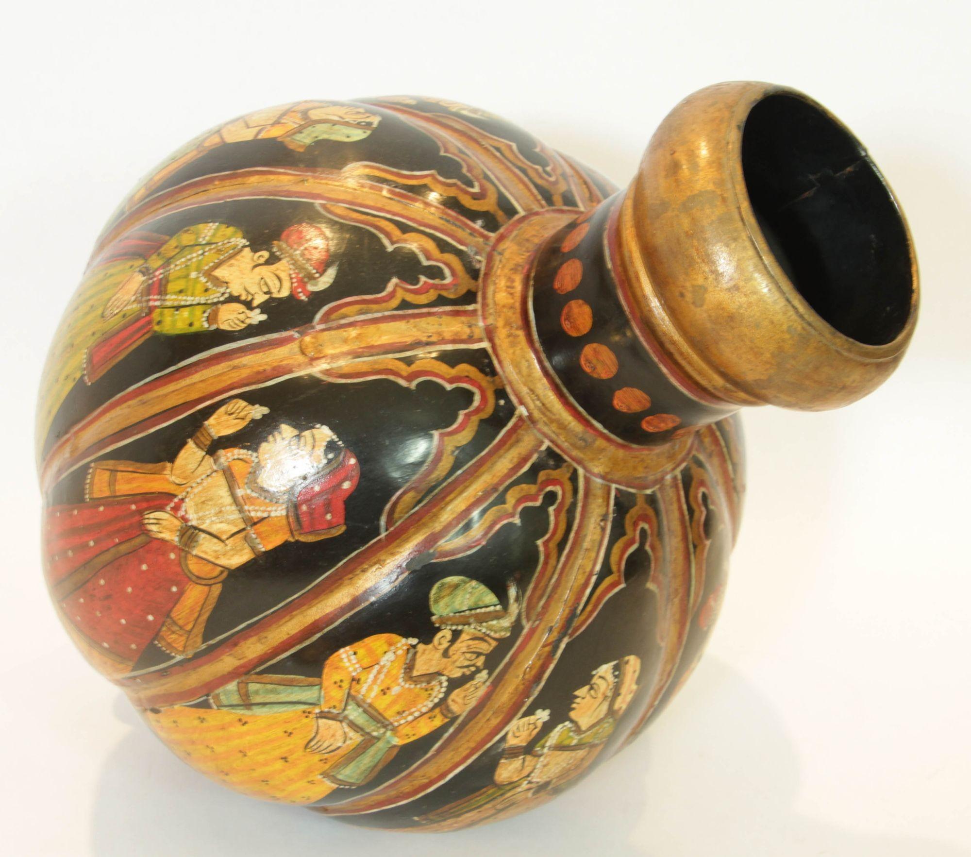 Vintage Indian Hand Painted Mughal Rajasthani Metal Water Vessel Vase For Sale 4