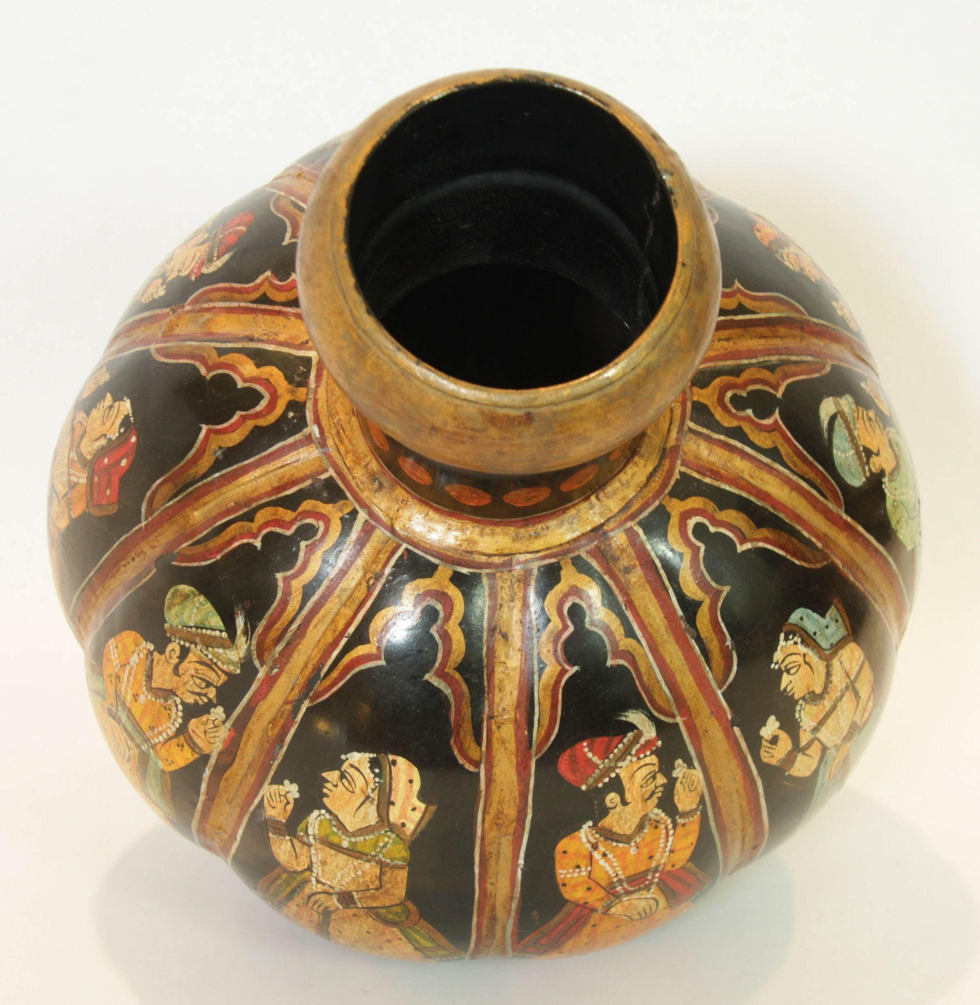 Vintage Indian Hand Painted Mughal Rajasthani Metal Water Vessel Vase For Sale 5