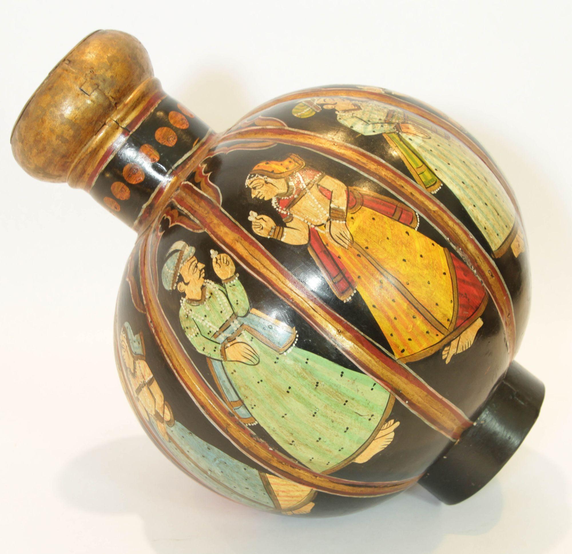 Vintage Indian Hand Painted Mughal Rajasthani Metal Water Vessel Vase For Sale 6